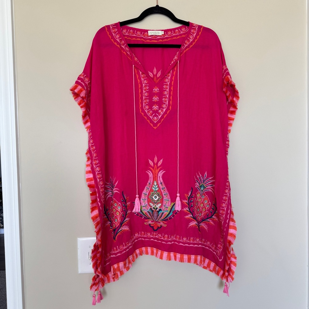 Spartina 449 Pink Embroidered Linen Blend Tassel Fringe Poncho Swim Coverup OS